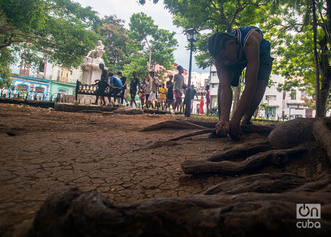 Joven jugando bolas y otros reunidos en el Parque San Juan de Dios, en La Habana, en el verano de 2024. Foto: Otmaro Rodríguez.